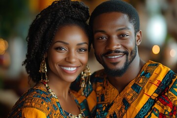 African American couple in traditional dress, smiling at kwanzaa celebration.