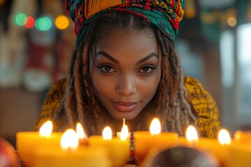 Portrait of an Afro woman looking at the camera next to candles celebrating Kwanzaa