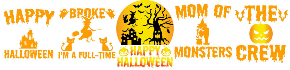 Minimal Halloween Tshirt Design Bundle Trendy Retro Style Illustration, Calligraphy Set Vector Illustration for Postcard, Holiday Cards, Bookmark