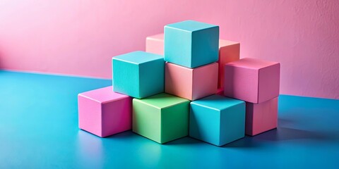 Obraz premium Close-up of vibrant colored cubes on a pastel pink and blue background