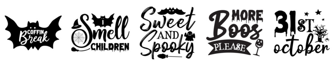 Colourful Halloween Tote Bag Bundle Typographic Emblems, Quotes Set Vector Illustration for Logo, Poster, Packaging