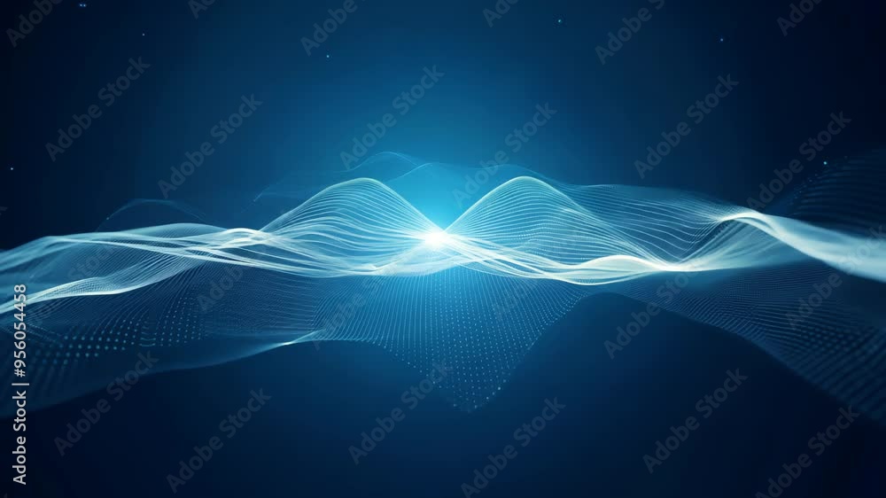 Poster striking abstract light waves against a deep blue background. dynamic patterns evoke movement and en