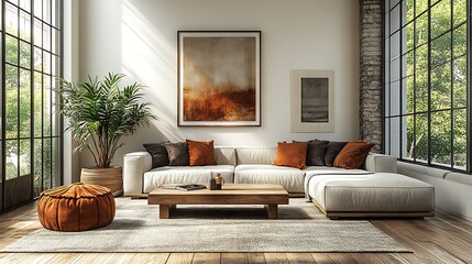 Scandinavian-inspired living room, abstract wall art with minimalist geometric designs, muted tones, light wood elements, white walls, large windows with natural light, modern and airy atmosphere,