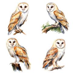 Watercolor illustration of four barn owls perched on branches