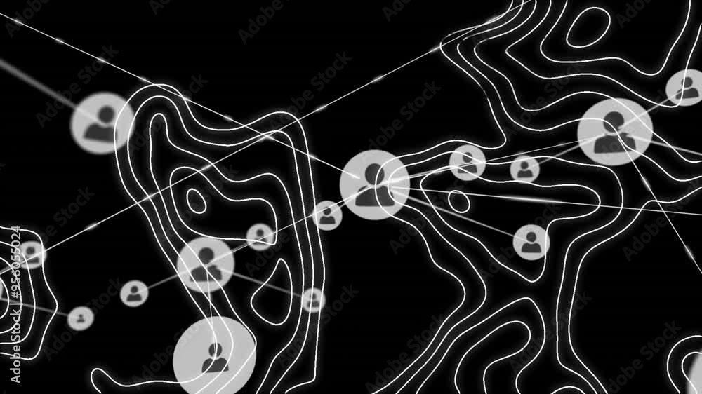 Poster network of user icons and connections animation over topographic lines on black background