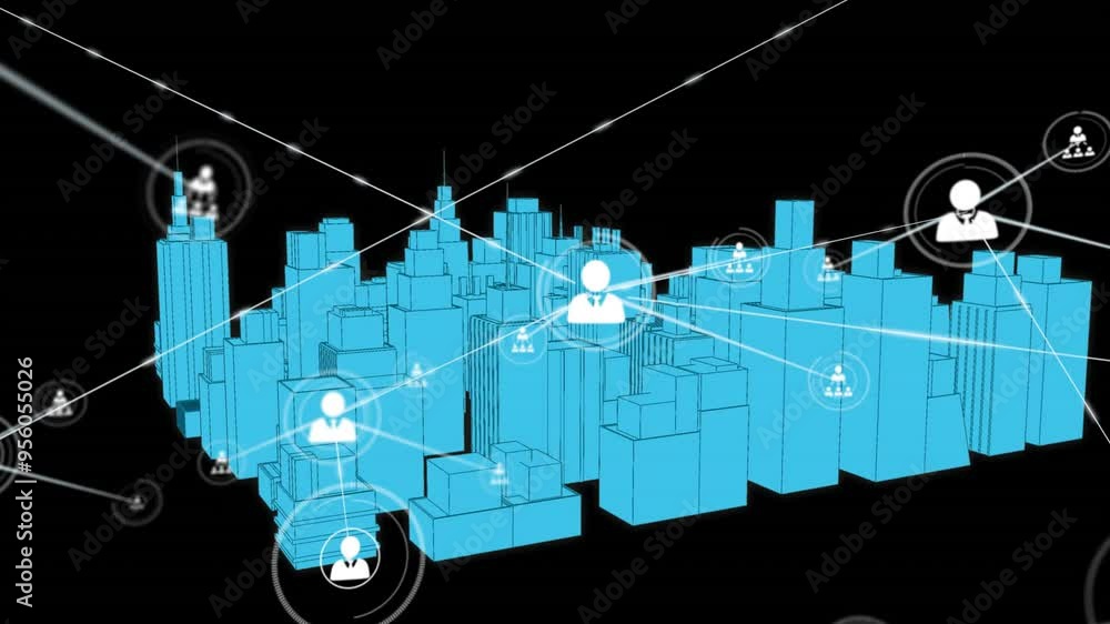 Poster network of connections and data processing animation over cityscape