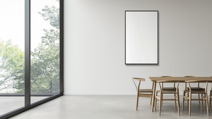 Modern Minimalist Dining Room with Large Window and Blank Wall Art