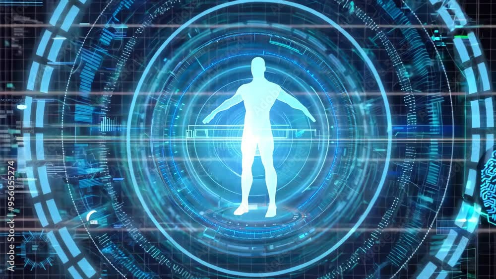 Poster futuristic data visualization showcases a glowing human silhouette at a high-tech interface, surroun