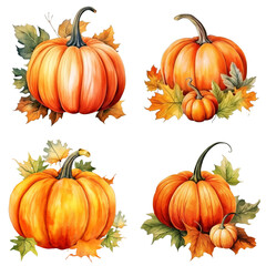 Watercolor Illustration of Four Pumpkins with Autumn Leaves