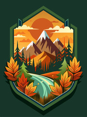 Mountain Sunset with River and Autumn Leaves