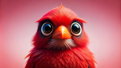 Fototapeta premium Vibrant red bird with oversized eyes against soft pink background