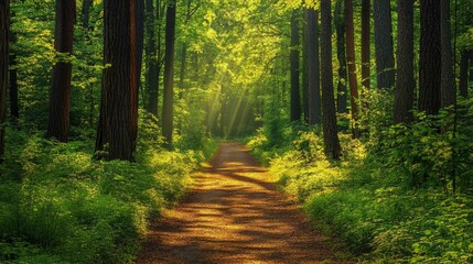 Obraz premium A forest path surrounded by tall trees and vibrant greenery, perfect for a nature escape