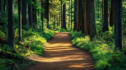 Fototapeta premium A forest path surrounded by tall trees and vibrant greenery, perfect for a nature escape