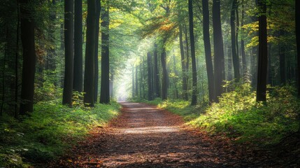Fototapeta premium A forest path surrounded by tall trees and vibrant greenery, perfect for a nature escape