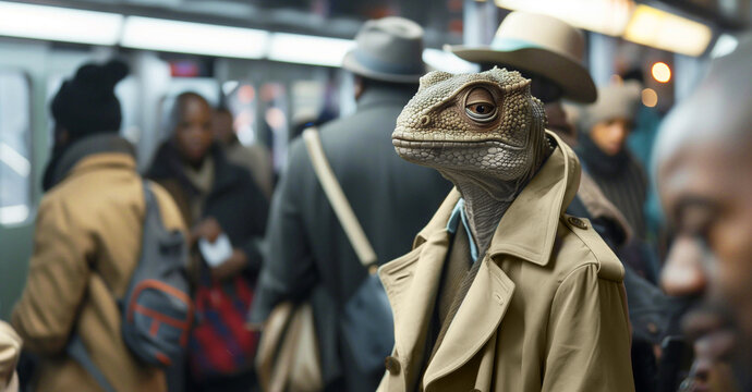 reptilian or reptoid alien lizard wearing human clothing riding crowded public transport subway train blending in with humans
