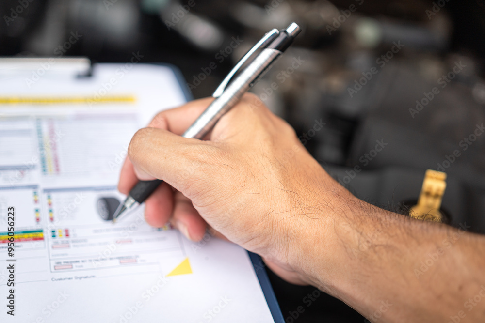 Wall mural close-up at a mechanic foreman's hand is checking on multi-point car service guideline checklist for