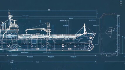 presents a detailed blueprint of a modern ship in side view, featuring intricate lines and measurements on a deep blue background. Perfect for maritime projects and education.