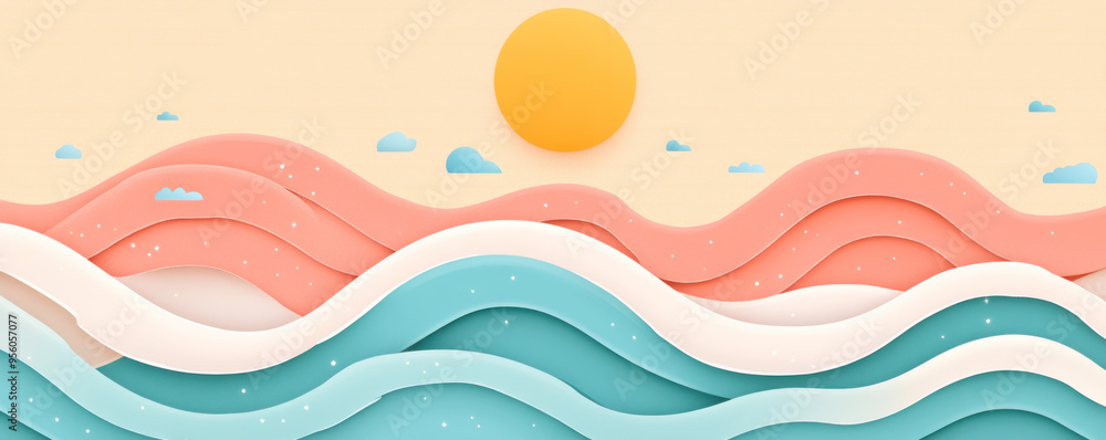 Poster a colorful ocean scene with a sun in the sky. the sun is shining brightly on the water, creating a w