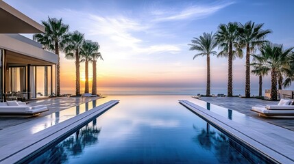 A luxurious setting at a high-end resort in the UAE, with infinity pools, palm trees, and the sea in the background.