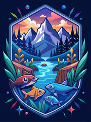 Mountains, River, and Fish in a Hexagon Frame