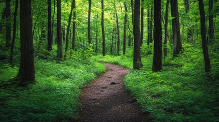 Fototapeta premium A narrow trail cutting through a lush, green forest, inviting a peaceful walk in nature