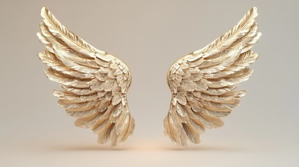 A pair of gold wings with intricate feather details isolated on a simple background, symbolizing elegance and flight.