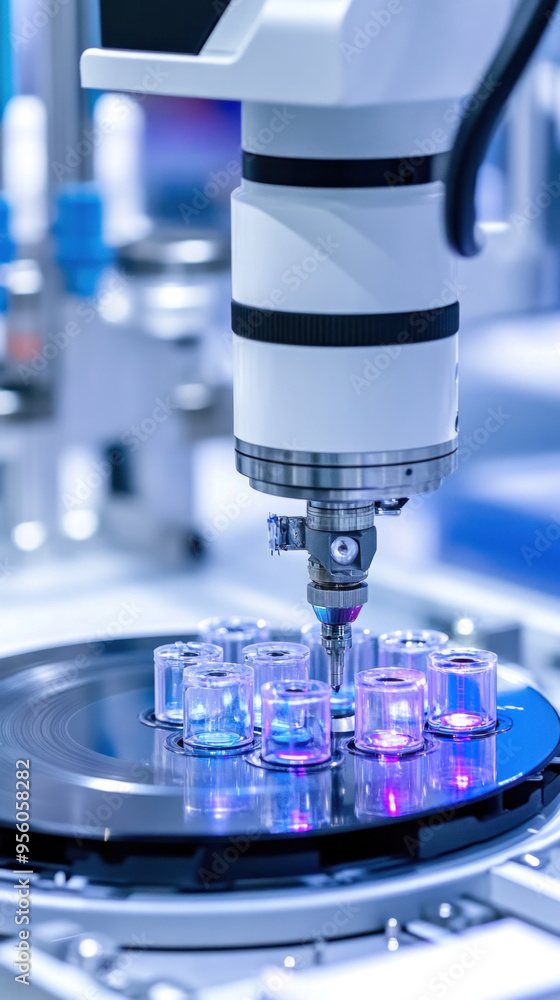 Poster a machine is making small glass containers with a blue light. the containers are in different colors