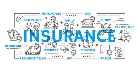Insurance line icons of medical policy for health, life accident and cars, vector banner. Insurance icons of protection and care for children, natural disaster and transportation or study and work