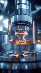 A machine with a large, glowing, metallic cylinder on top. The machine is surrounded by other metallic objects, and the overall mood of the image is industrial and futuristic