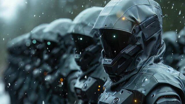 A striking image of futuristic soldiers in sleek combat armor stands united in a snowy landscape. Snowflakes fall around them, enhancing the atmosphere of strength and resilience.