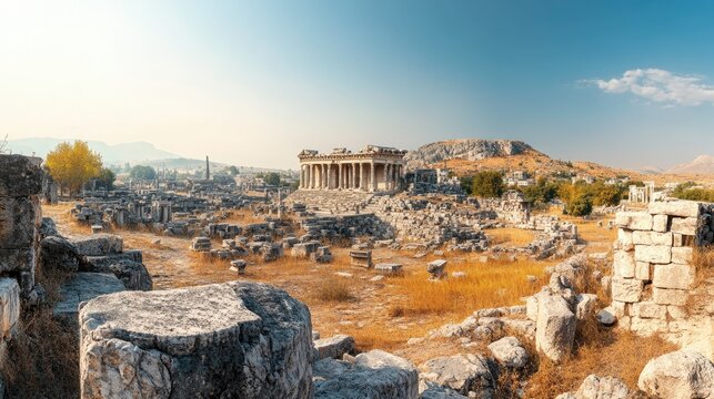 A panoramic view of the ancient city of Miletus, with its theater and ruins set against a clear sky.