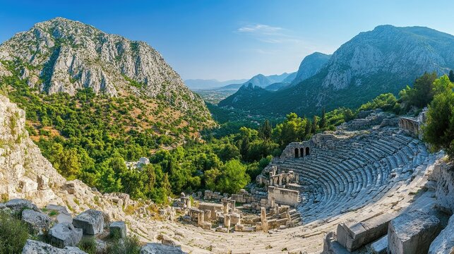 A panoramic view of the ancient city of Termessos, with its theater and ruins nestled in the mountains. -
