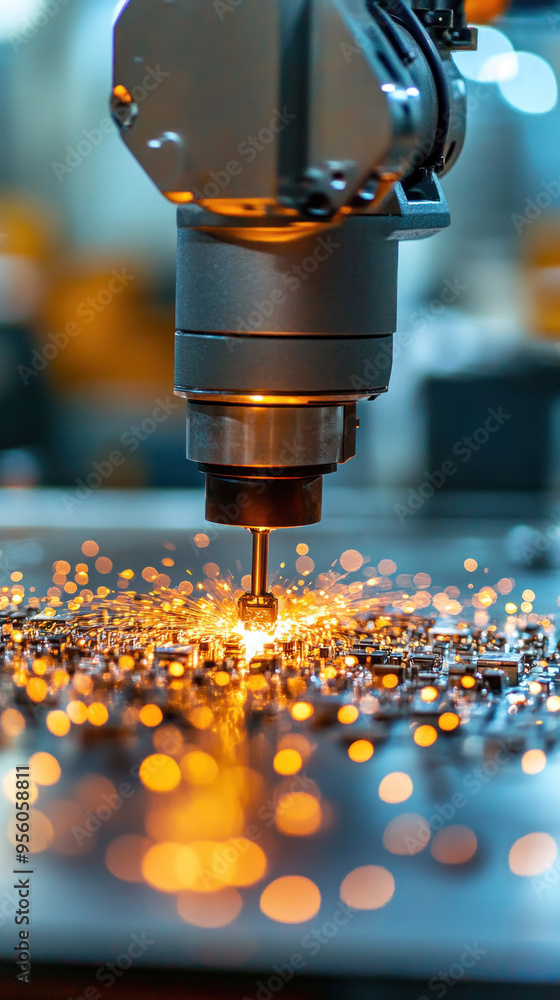 Aufkleber a robot is drilling into a piece of metal. the sparks from the drill are creating a bright, glowing 