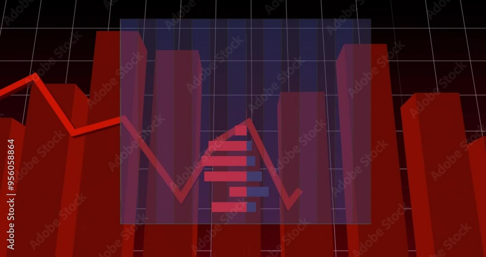 Poster red bar chart and fluctuating line graph animation over grid background