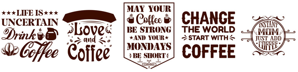 Vibrant Coffee Tshirt Design Bundle Typographic Emblems, Typography Collection Vector Illustration for Logo, Magazine, Packaging