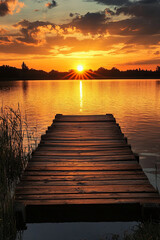 Fototapeta premium Sunset over a lake with a wooden pier