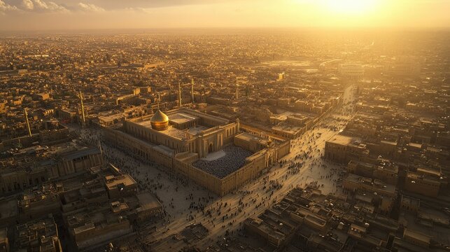 A panoramic view of the historic city of Karbala, with the Imam Hussein Shrine at its center