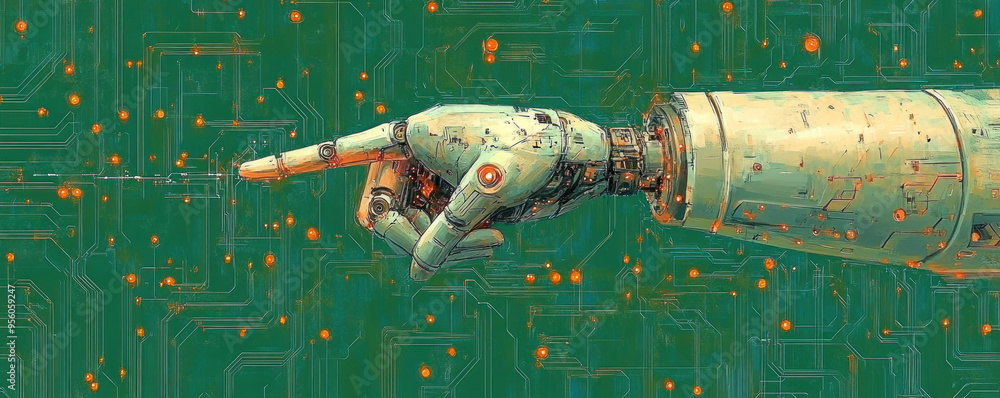 Poster a robot hand pointing to a green background with a lot of dots. the robot hand is made of metal and 