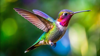 Fototapeta premium A vibrant hummingbird in mid-flight with wide-spread wings and extended beak reaching downwards