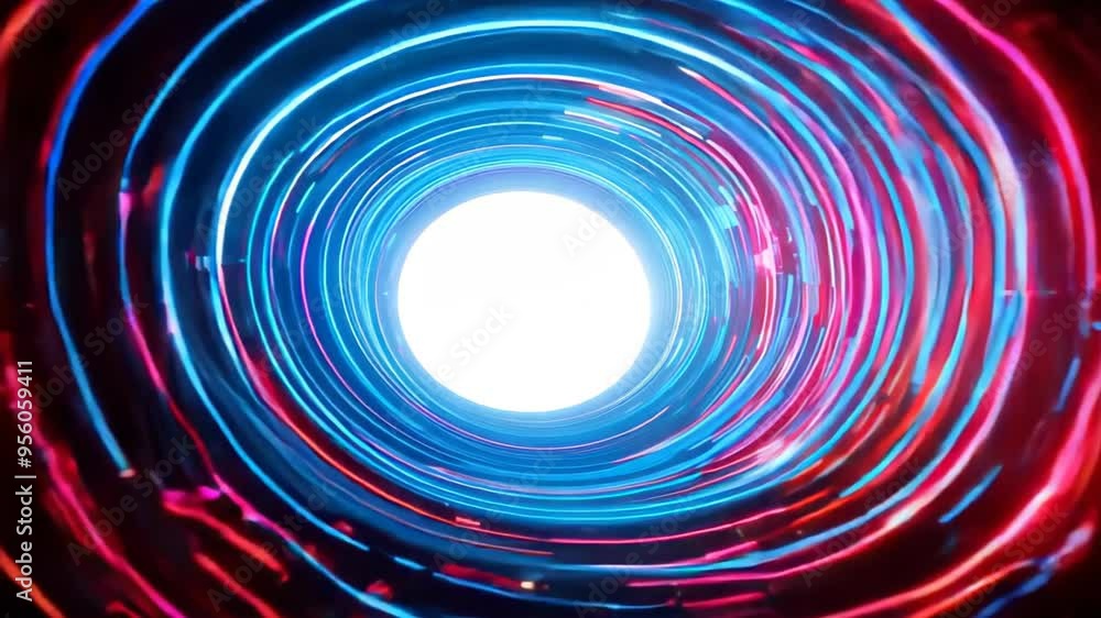 Poster an abstract a vibrant tunnel of swirling multicolored lights in red, blue, and white, creating dynam