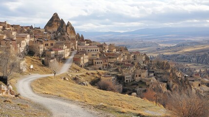 A picturesque village in the hills of Cappadocia, with cave houses and winding paths.