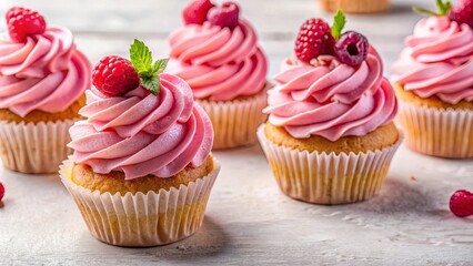Raspberry frosted cupcakes with pink swirls and decorative toppings