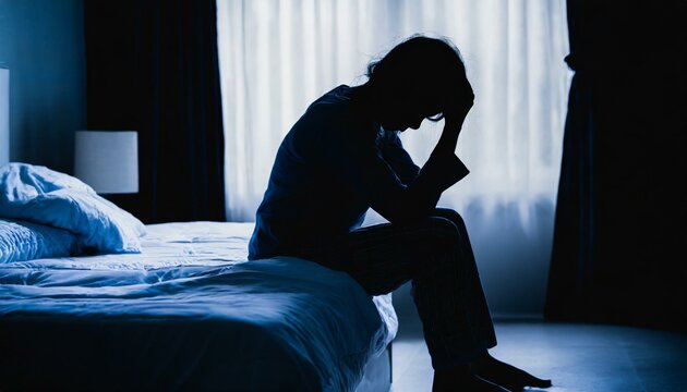 A person sitting on a bed with an image of hard, tiring, tiredness, worries, and mental health.