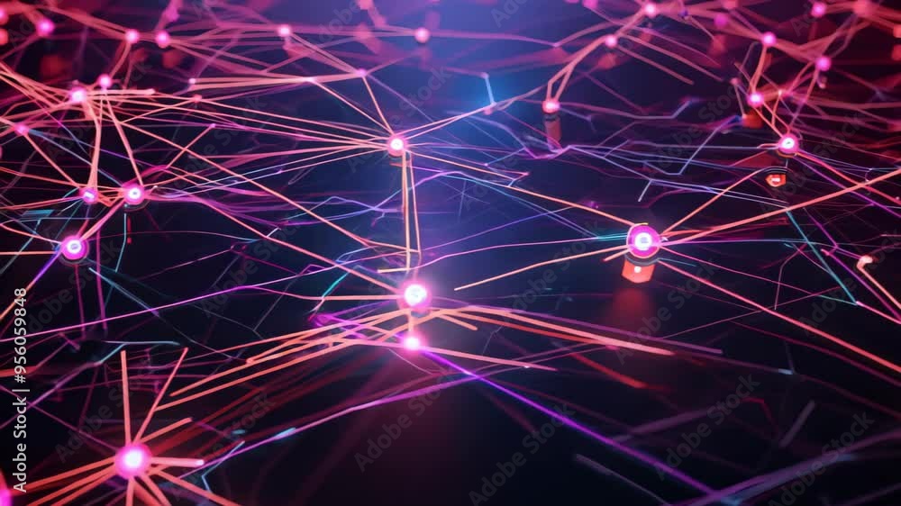 Poster a stunning close-up of an intricate neural network, featuring glowing nodes and vibrant colors of pi