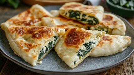 A plate of freshly made Turkish gzleme, with a savory filling of cheese and spinach.