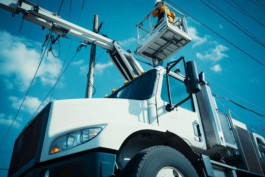 Utility truck with a bucket lift repairing power lines