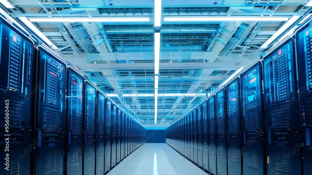 Poster a modern data center showcases sleek black server racks bathed in cool blue light. minimalist design