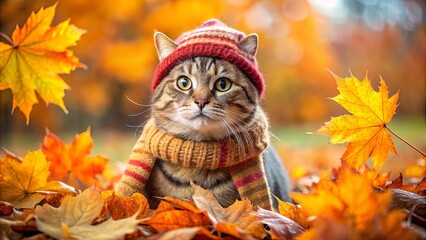 Cozy cat enjoying autumn leaves wearing a scarf and hat
