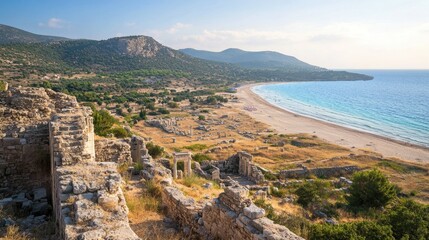 Fototapeta premium A scenic view of the ancient city of Patara, with its well-preserved ruins and sandy beach nearby.