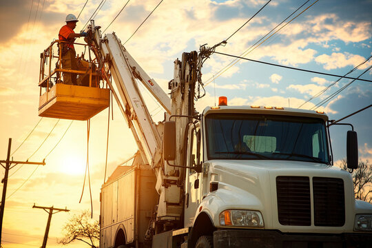 Utility truck with a bucket lift repairing power lines